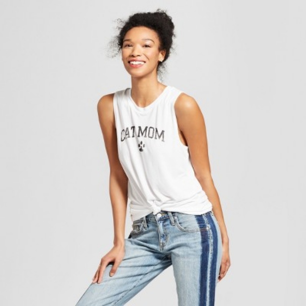 SALE❤2/$10 " Cat Mom" white tank top